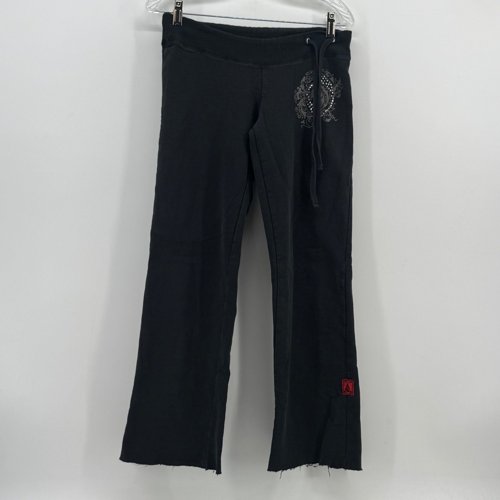 Volcom Womens Black Rhinestone Graphic Wide Leg Sweatpants Y2K Skater Size M